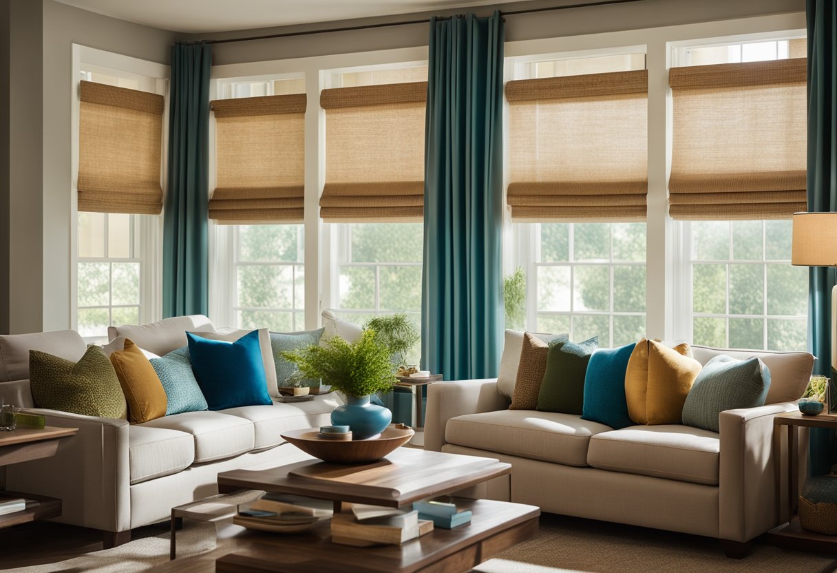 A living room with warm, earthy tones and accents of vibrant blues and greens. Sunlight filters through sheer curtains, casting a soft glow on the furniture and decor