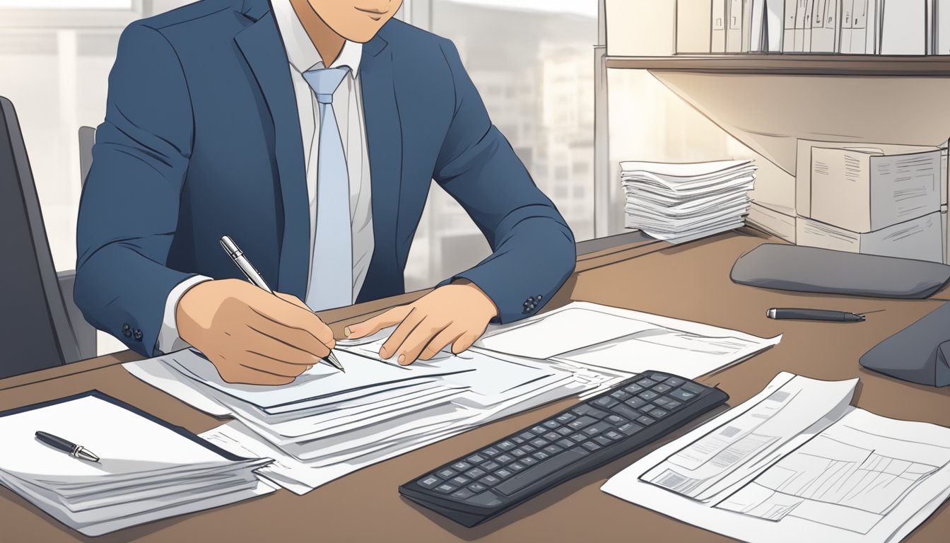 A person submitting paperwork for early loan settlement at a Hong Leong branch, with documents and a pen on a desk
