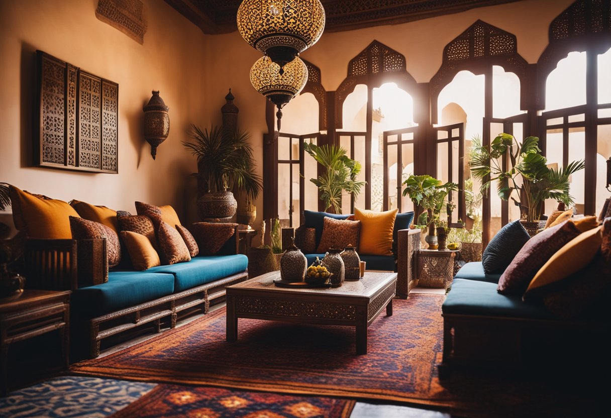 A cozy Moroccan living room with vibrant rugs, intricate tile work, and ornate lanterns casting warm, patterned shadows. Rich colors and textures create a sense of exotic luxury