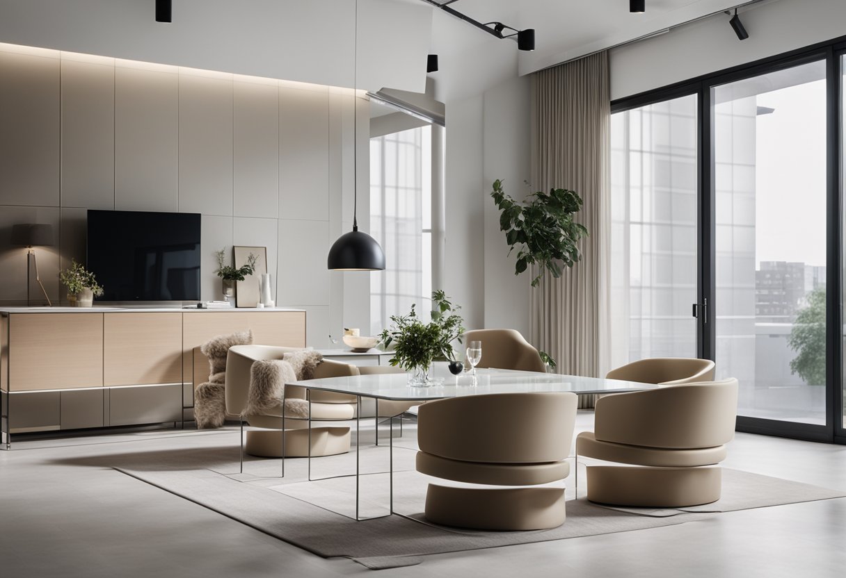 A sleek, modern interior space with polycarbonate furniture and accents, showcasing a minimalist design with clean lines and a neutral color palette