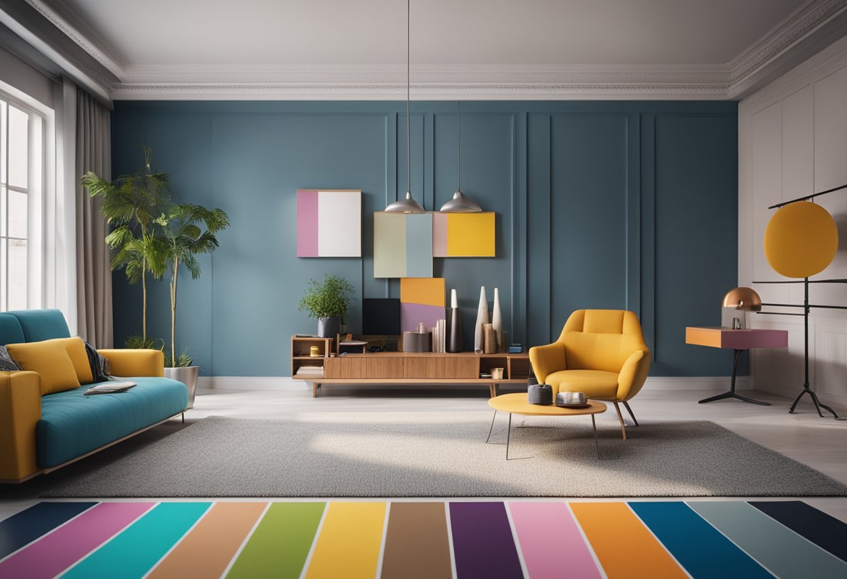 A room with various color swatches, furniture, and decor items arranged in a visually pleasing manner to showcase the use of color in interior design
