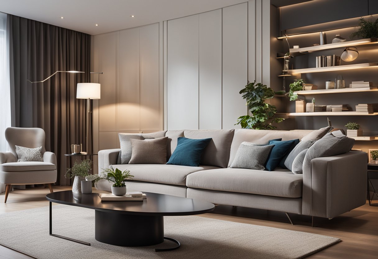 A cozy living room with a corner sofa and a small coffee table, surrounded by built-in shelves and a sleek floor lamp