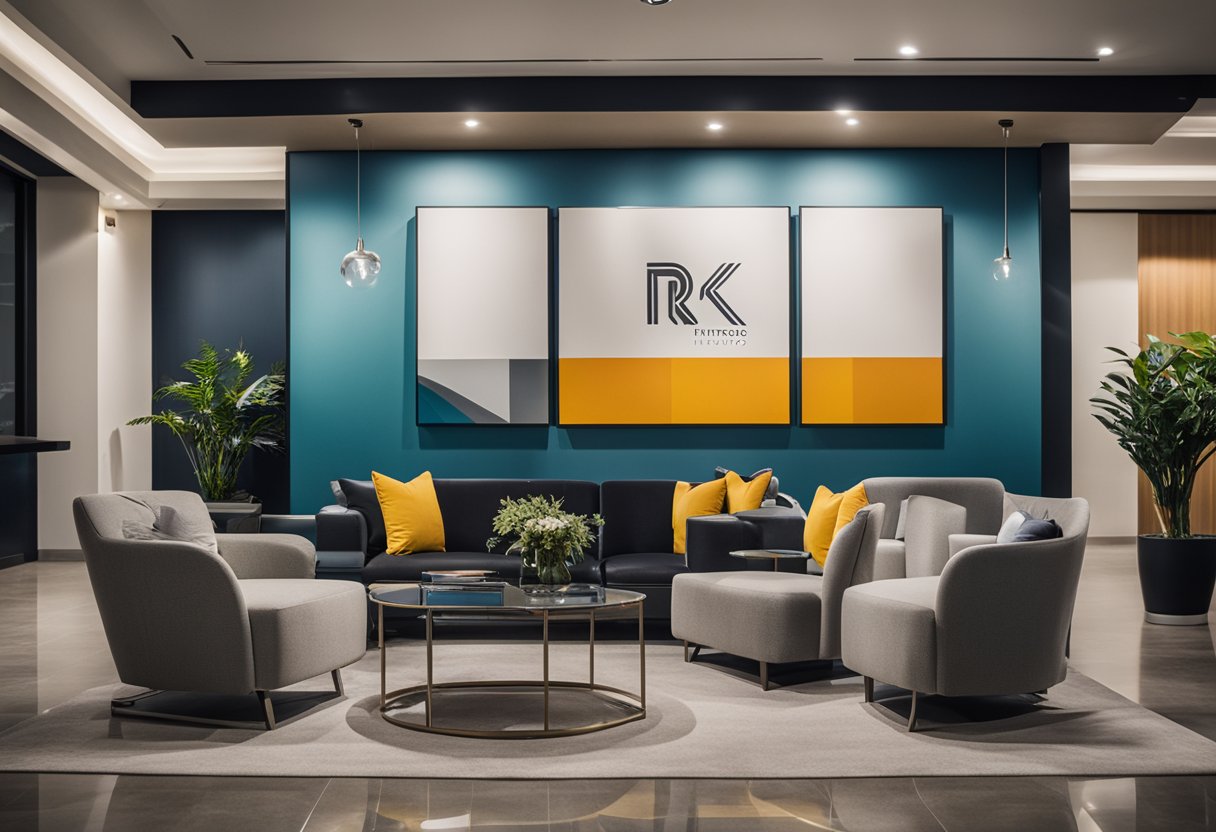 A modern office space with sleek furniture and vibrant accents, showcasing the logo "rk interior design pte ltd" on the wall