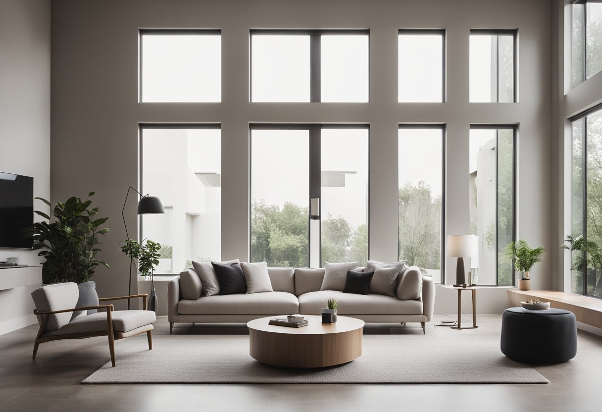 A modern, minimalist living room with clean lines, neutral colors, and natural light streaming in from large windows. A sleek, yet comfortable space with a focus on simplicity and functionality