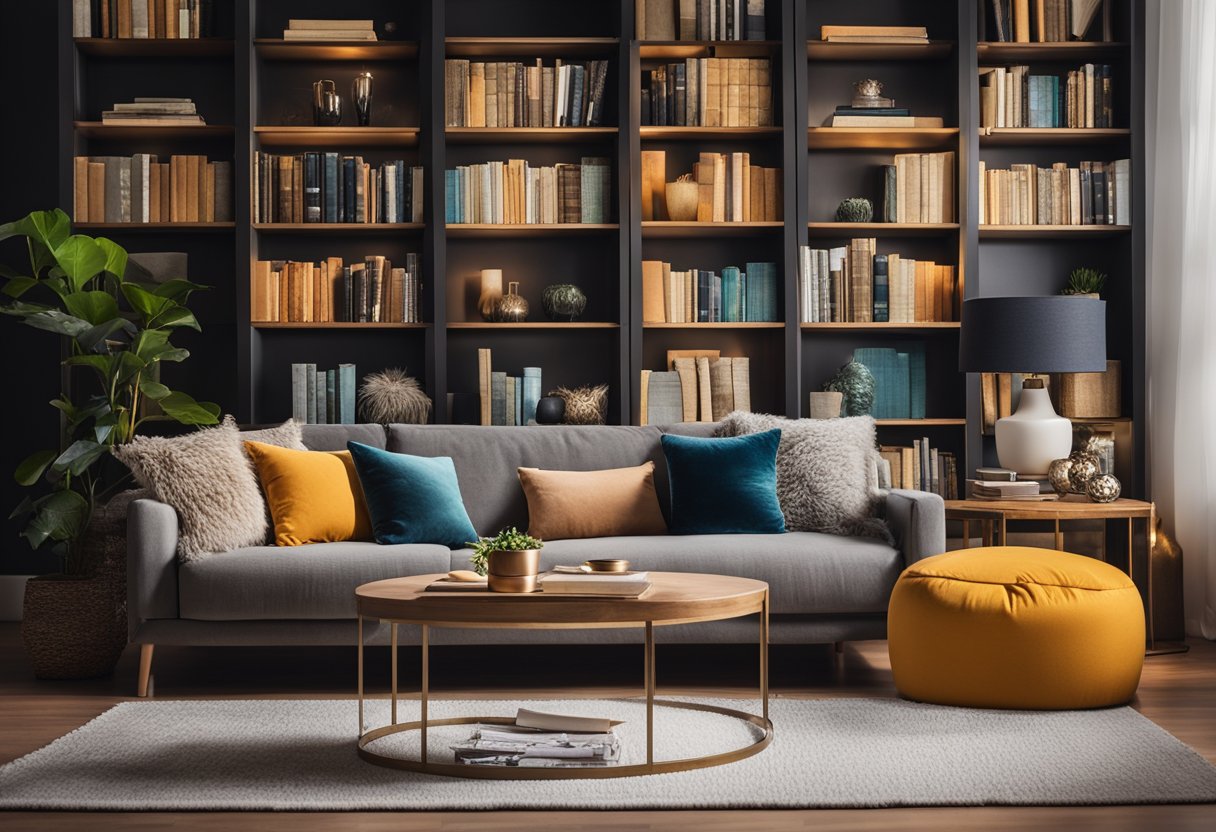 A cozy living room with a plush sofa, colorful throw pillows, a stylish coffee table, and soft lighting. A bookshelf filled with books and decorative items adds personality to the space
