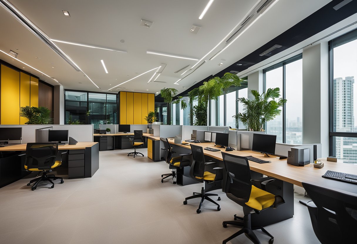 A modern office space with sleek furniture and vibrant decor, showcasing the diverse projects and services offered by RK Interior Design Pte Ltd