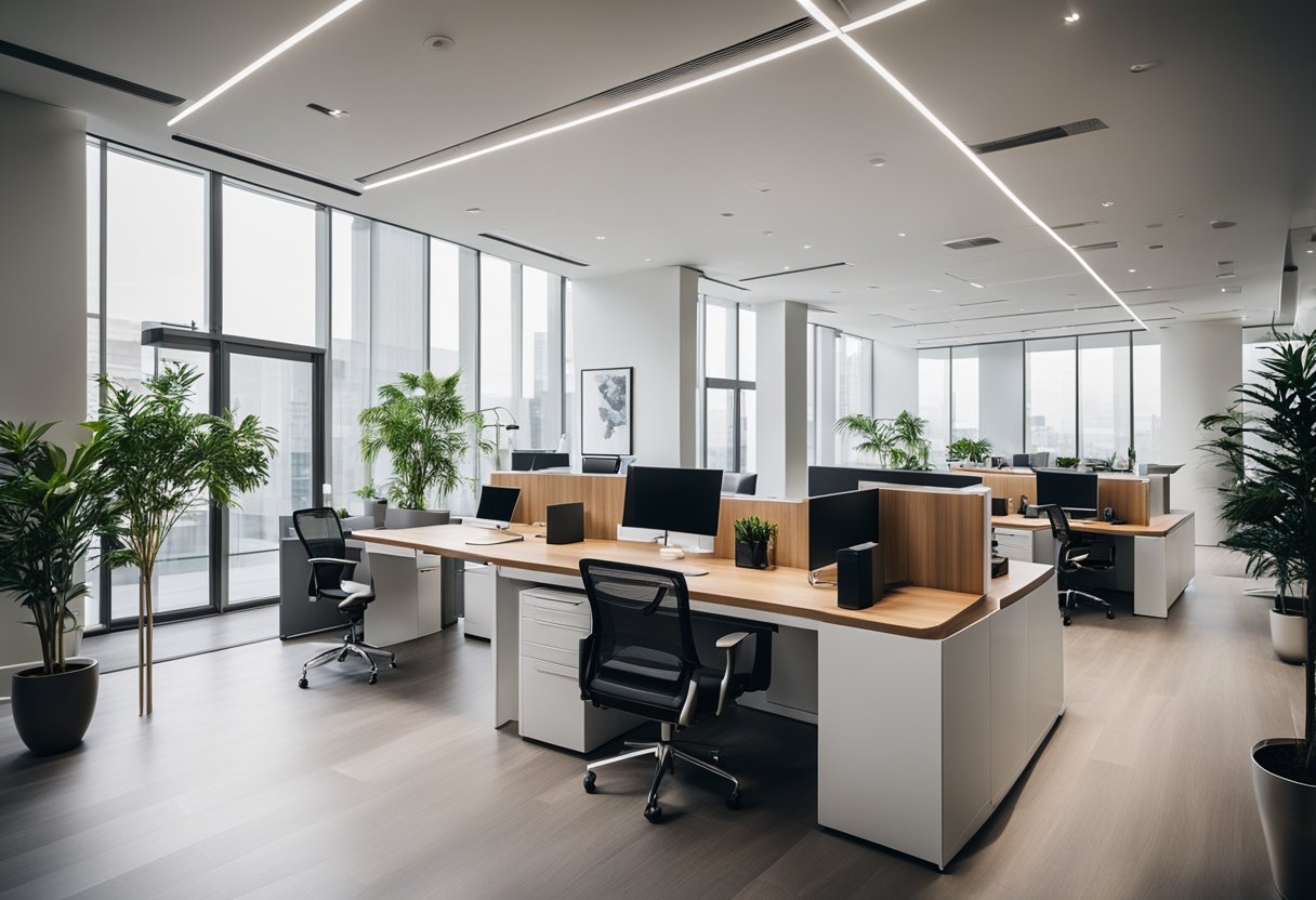 A modern office with sleek furniture and stylish decor, featuring a reception area and workstations, all bathed in natural light