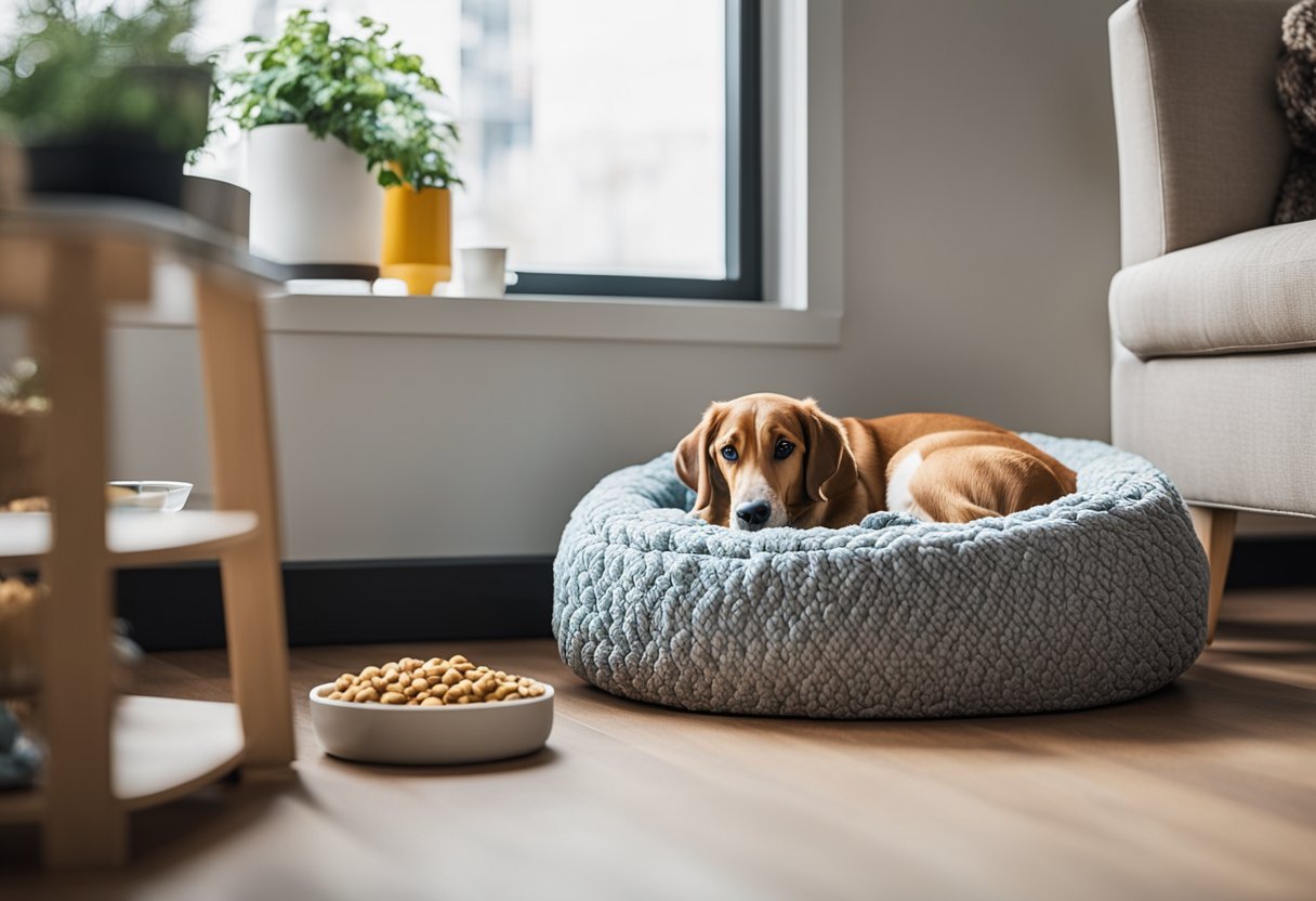 A cozy dog bed sits next to a stylish pet food station. Colorful toys and a chic leash hang on the wall. Plush pillows and a trendy rug complete the modern pup interior design