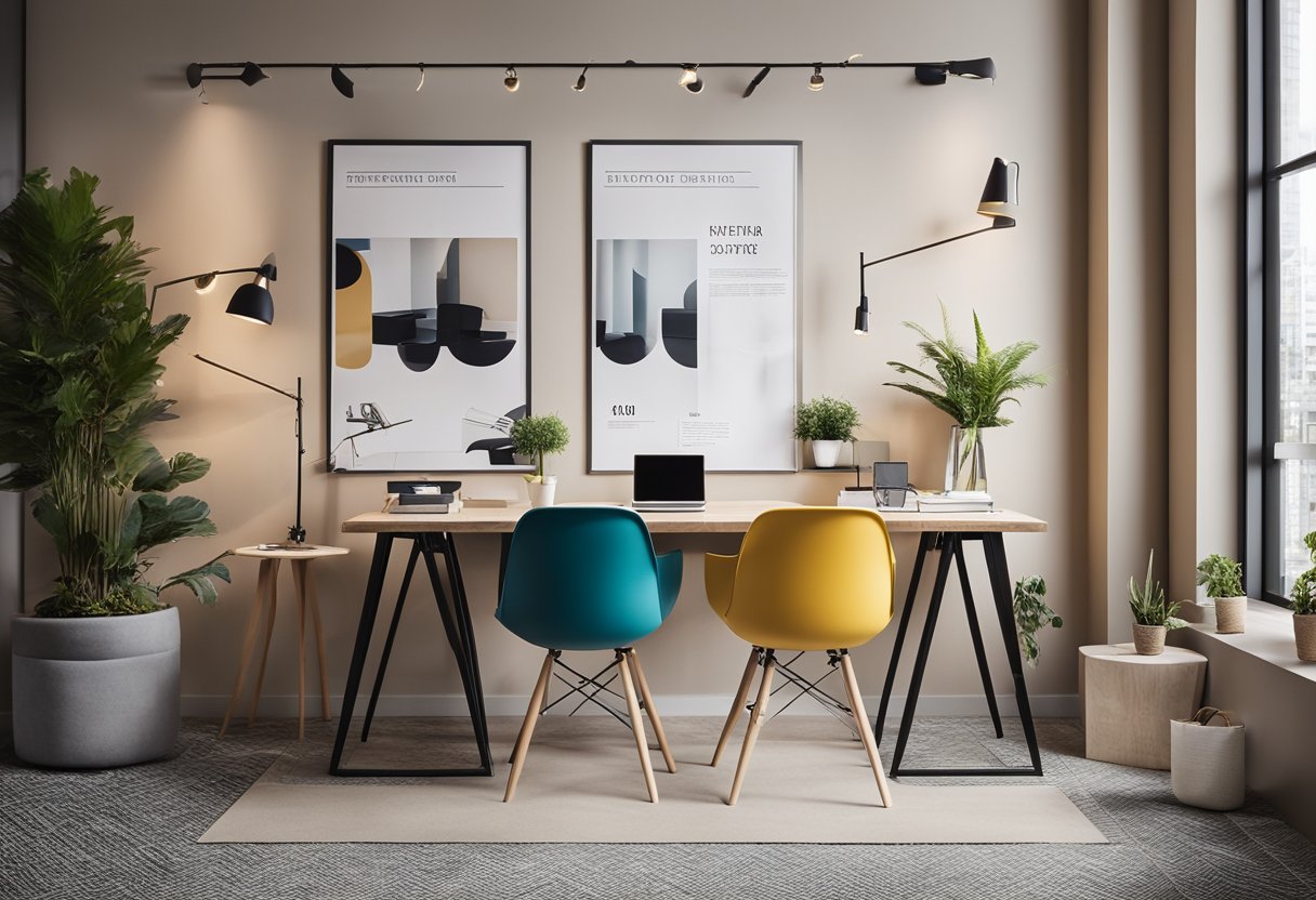 A stylish office space with modern furniture, vibrant color schemes, and elegant decor. A mood board and design sketches are displayed on the wall