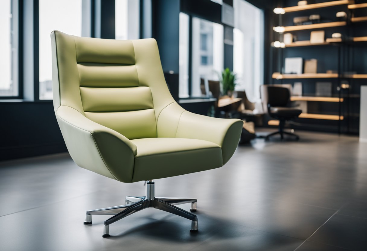 A modern, sleek chair with adjustable features and a variety of color options displayed in a well-lit showroom