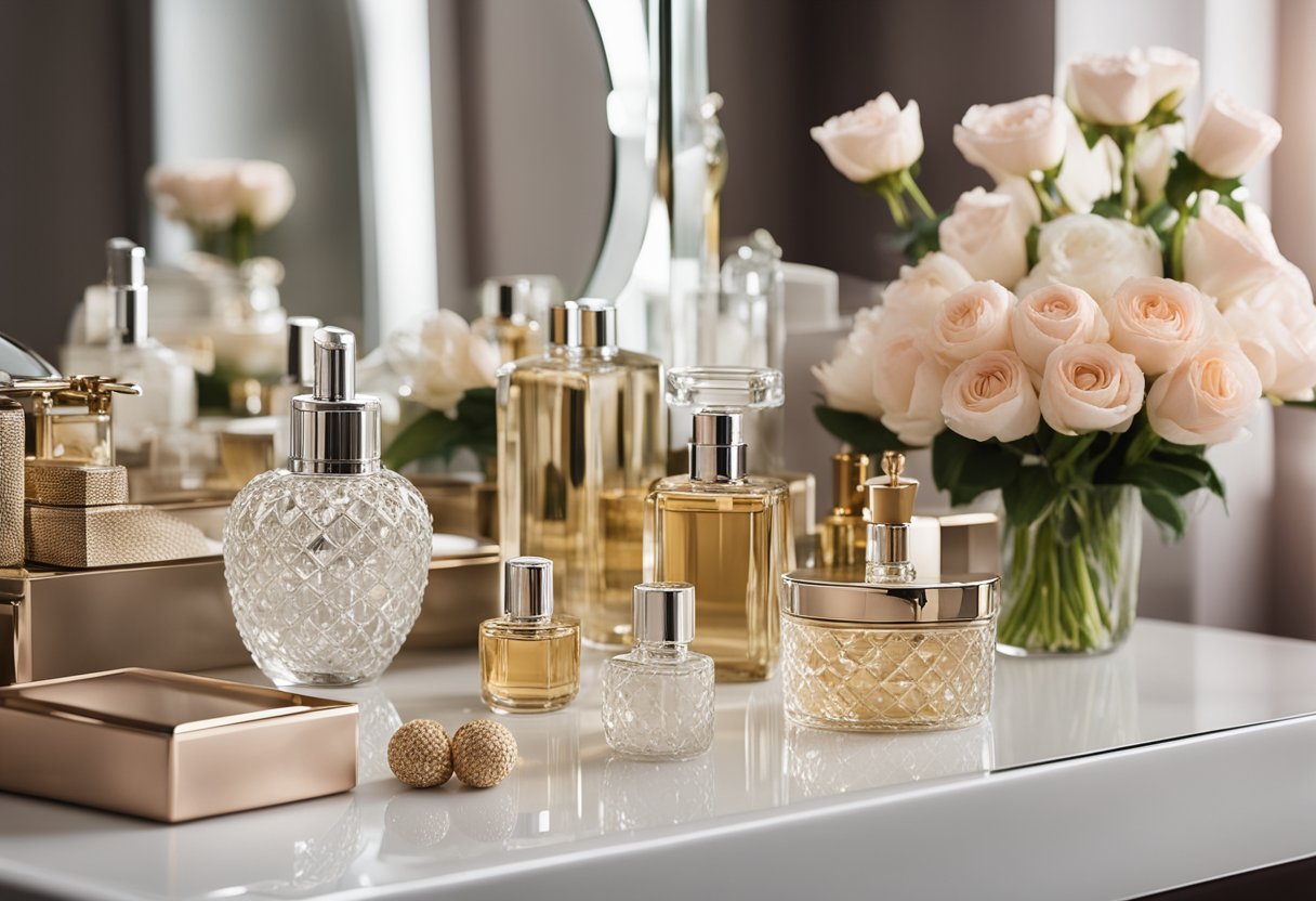 A neatly organized dressing table with a large mirror, elegant perfume bottles, a jewelry box, and a vase of fresh flowers