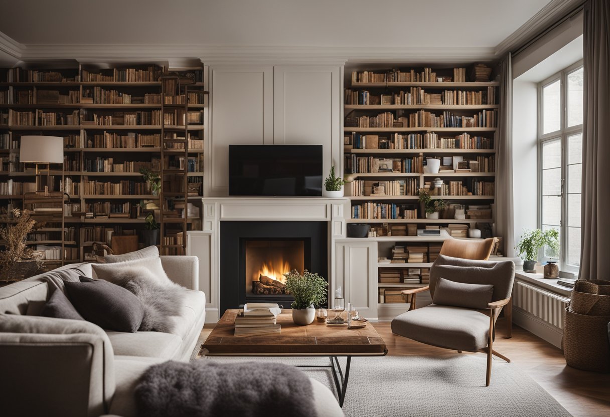 A cozy living room with a large, plush sofa, a warm fireplace, and bookshelves filled with books. The room is bathed in soft, natural light from the large windows, creating a welcoming and inviting atmosphere