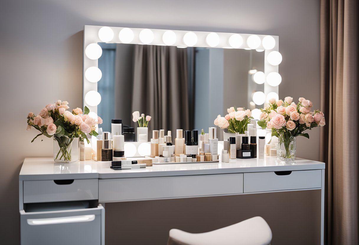 A sleek, wall-mounted dressing table with built-in storage compartments and a large mirror. The table is clutter-free, showcasing a few carefully selected beauty products and a small vase of fresh flowers