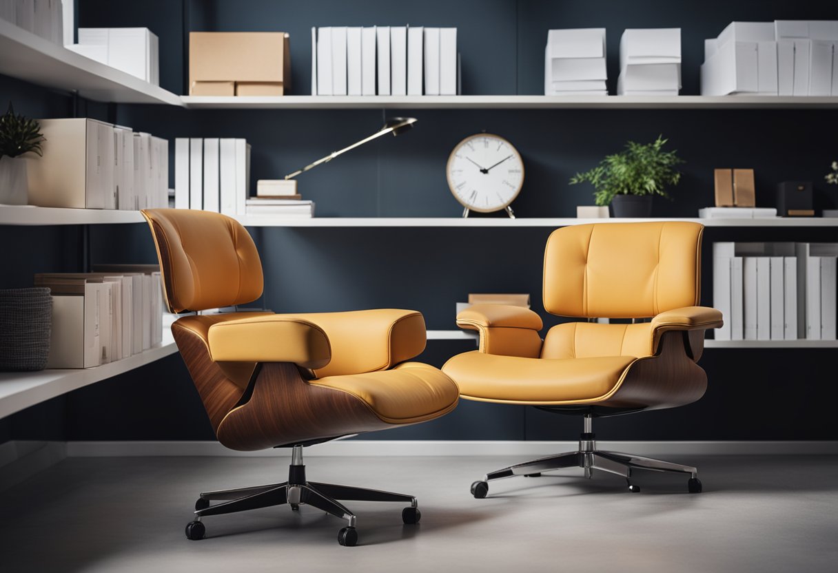 A modern, sleek chair with clean lines and a comfortable cushion, surrounded by shelves of neatly organized FAQ documents