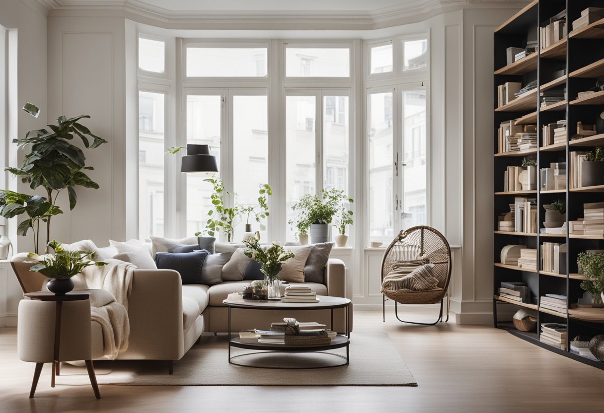 A cozy, well-lit space with stylish furniture and decor, featuring a comfortable seating area and shelves filled with design books and accessories