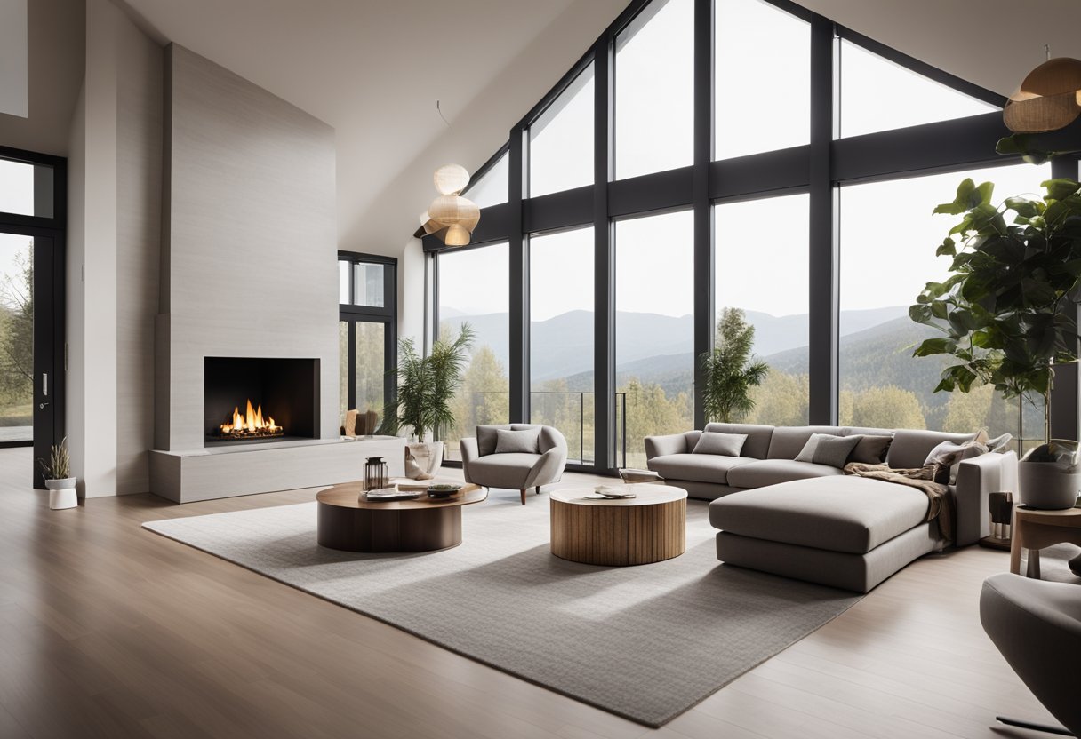A spacious living room with modern furniture and large windows overlooking a scenic view. A cozy fireplace and a neutral color palette create a warm and inviting atmosphere