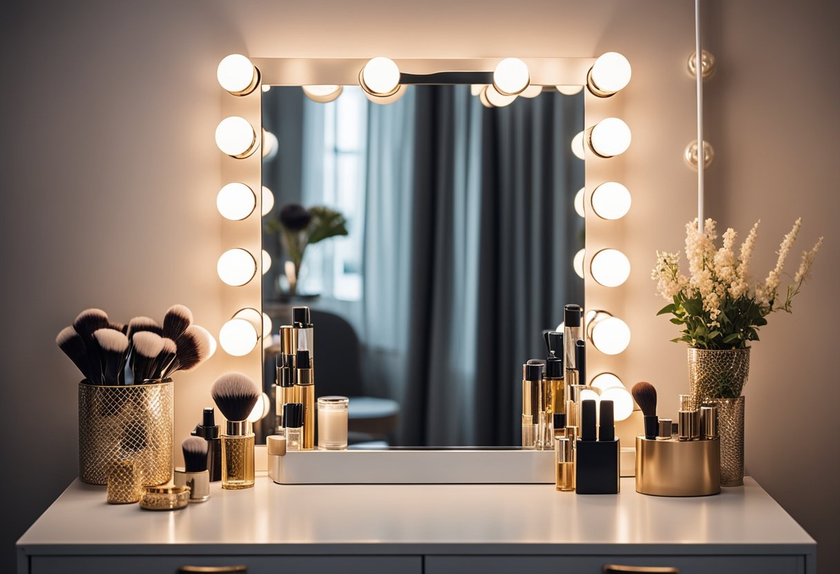 A sleek, modern dressing table with a large mirror, soft lighting, and organized storage for beauty products