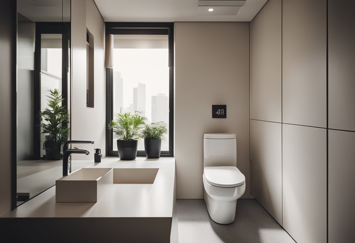 A small toilet with minimalist decor, neutral colors, and space-saving fixtures. A small window allows natural light to filter in, creating a cozy atmosphere
