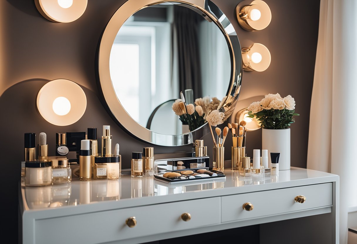 A sleek dressing table with a large mirror, neatly organized beauty products, and soft lighting creates a luxurious and elegant interior design