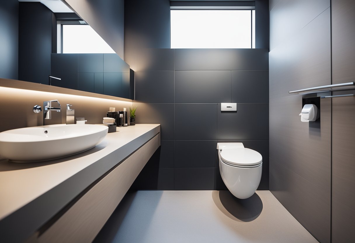 A compact toilet with space-saving features, clean lines, and efficient layout. Bright lighting and simple, modern fixtures create a functional and inviting space