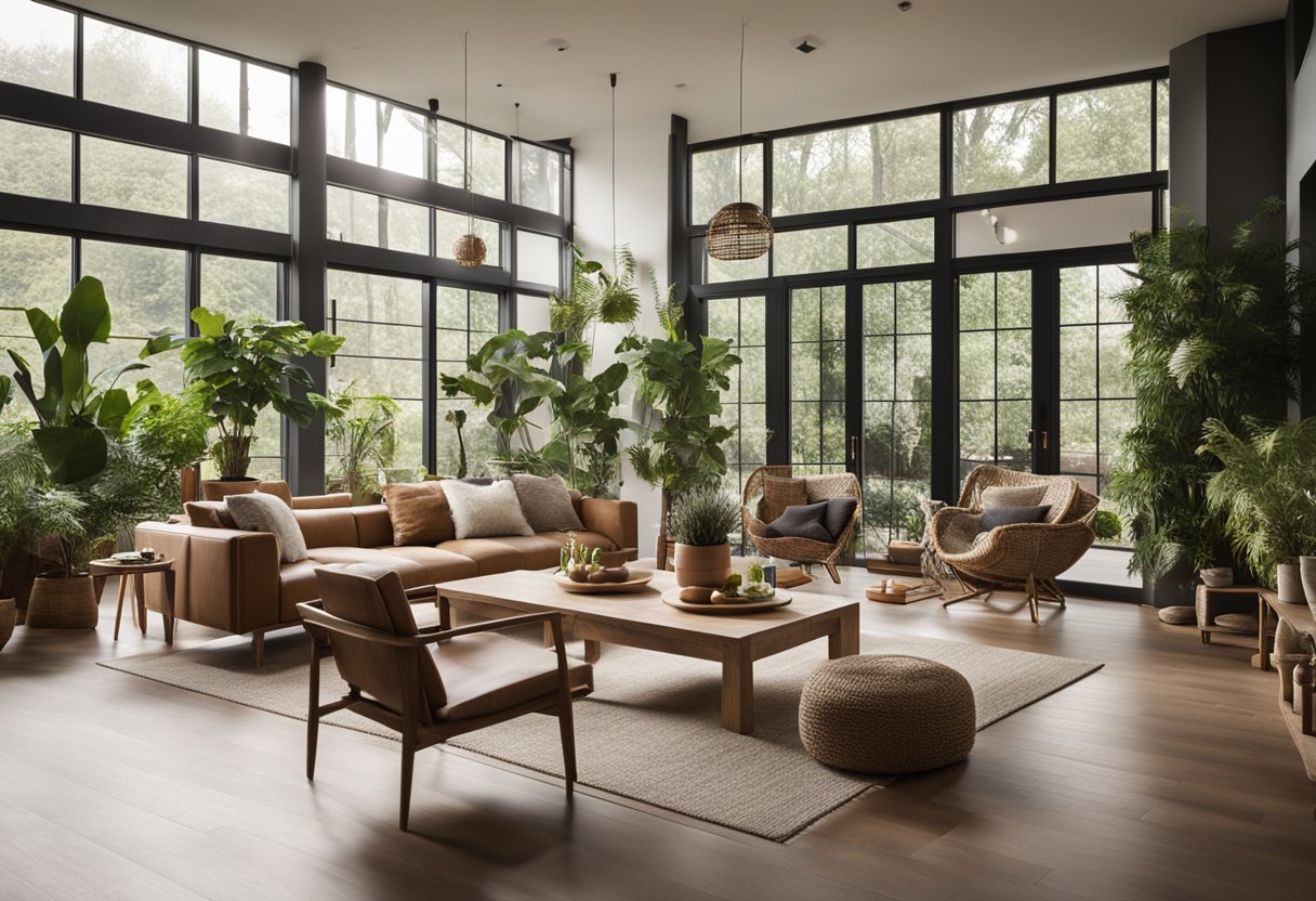 An open-plan living area with earthy tones, natural materials, and a mix of modern and rustic furniture. Large windows bring in plenty of natural light, and indoor plants add a touch of greenery to the space