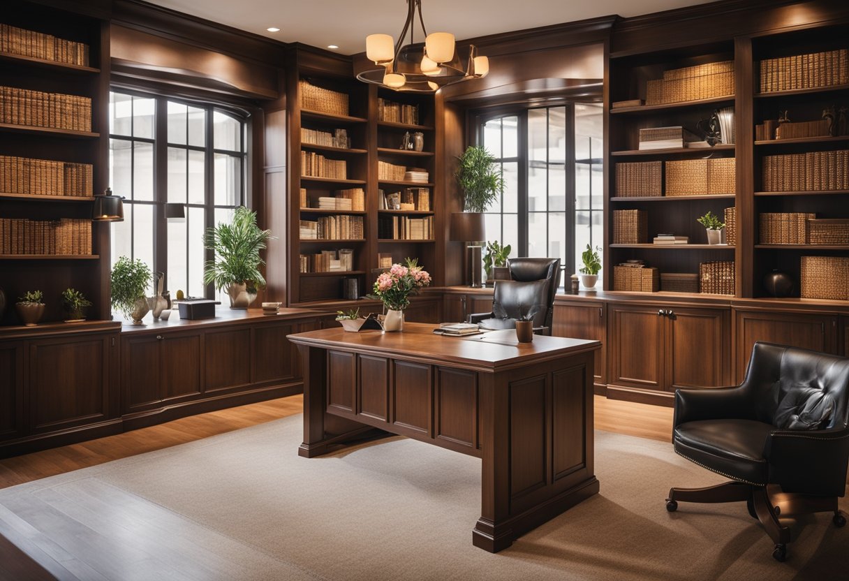 The scene depicts a cozy, well-lit office with a large wooden desk, comfortable seating, and bookshelves lining the walls. A warm color palette and tasteful decor create a welcoming and professional atmosphere