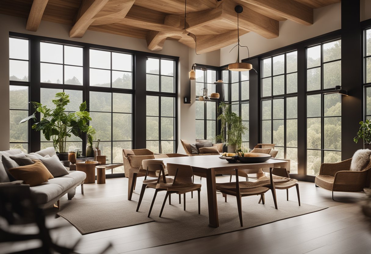 A room with natural materials, earthy tones, and a mix of modern and traditional furniture. Large windows bring in natural light, showcasing the connection to the outdoors