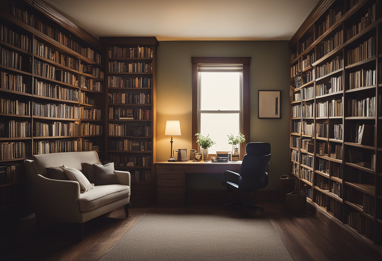 A cozy, well-lit room with a comfortable reading nook, shelves filled with books, and a desk with a computer and notepad. A sign on the wall reads "Frequently Asked Questions - Chapter One."