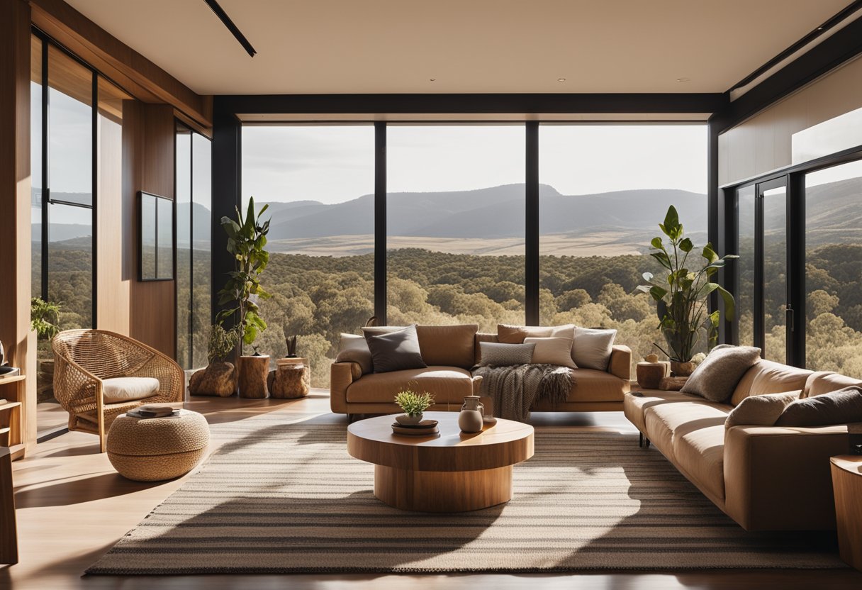 A cozy living room with earthy tones, natural materials, and indigenous artwork. A large window lets in natural light, showcasing a view of the Australian landscape