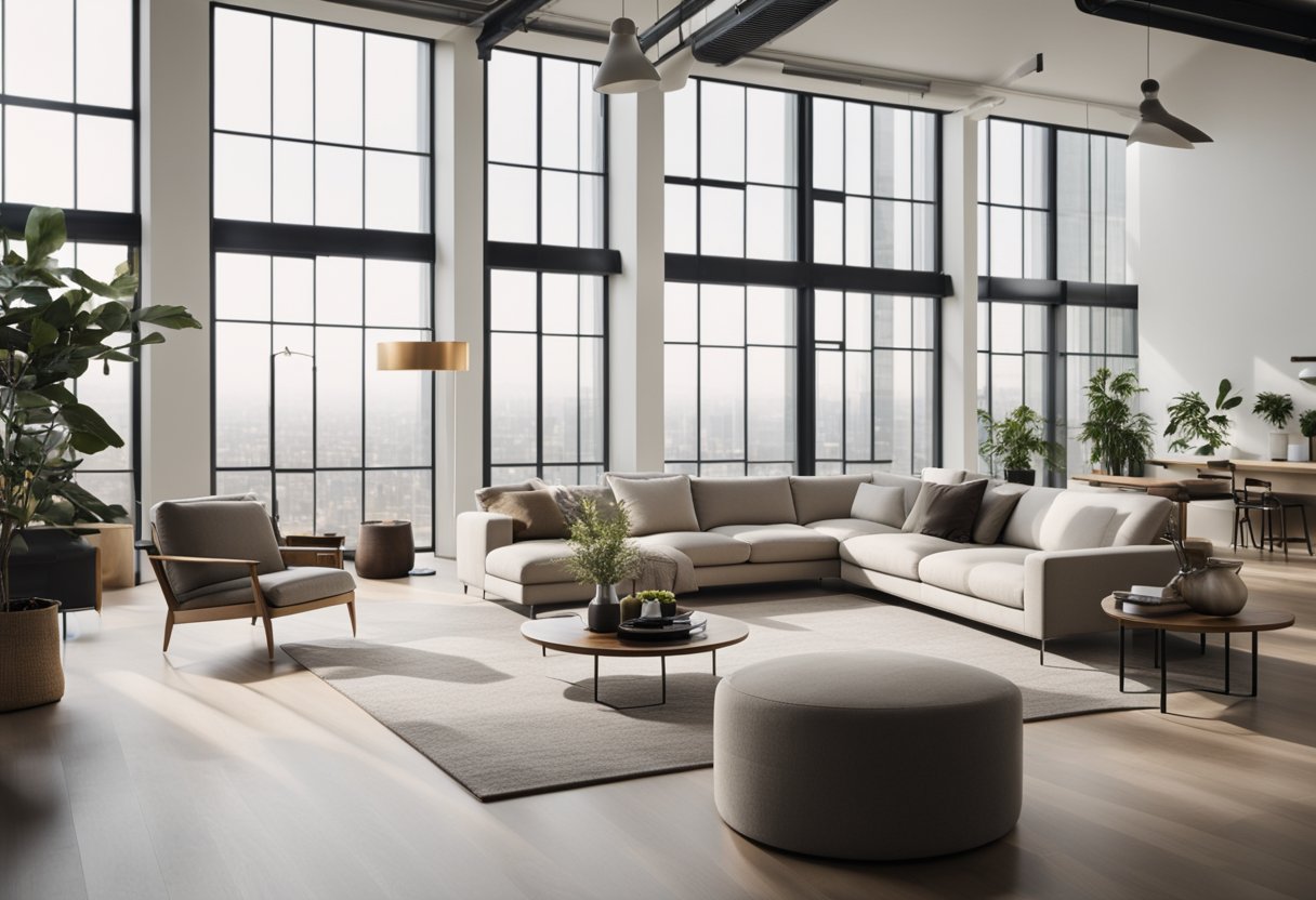 A modern, spacious room with clean lines, neutral colors, and natural light streaming in through large windows. Sleek furniture and minimalist decor create a sense of sophistication and simplicity