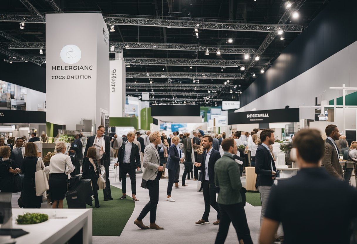 A bustling interior design trade show with professionals networking and showcasing their work to potential clients and industry connections
