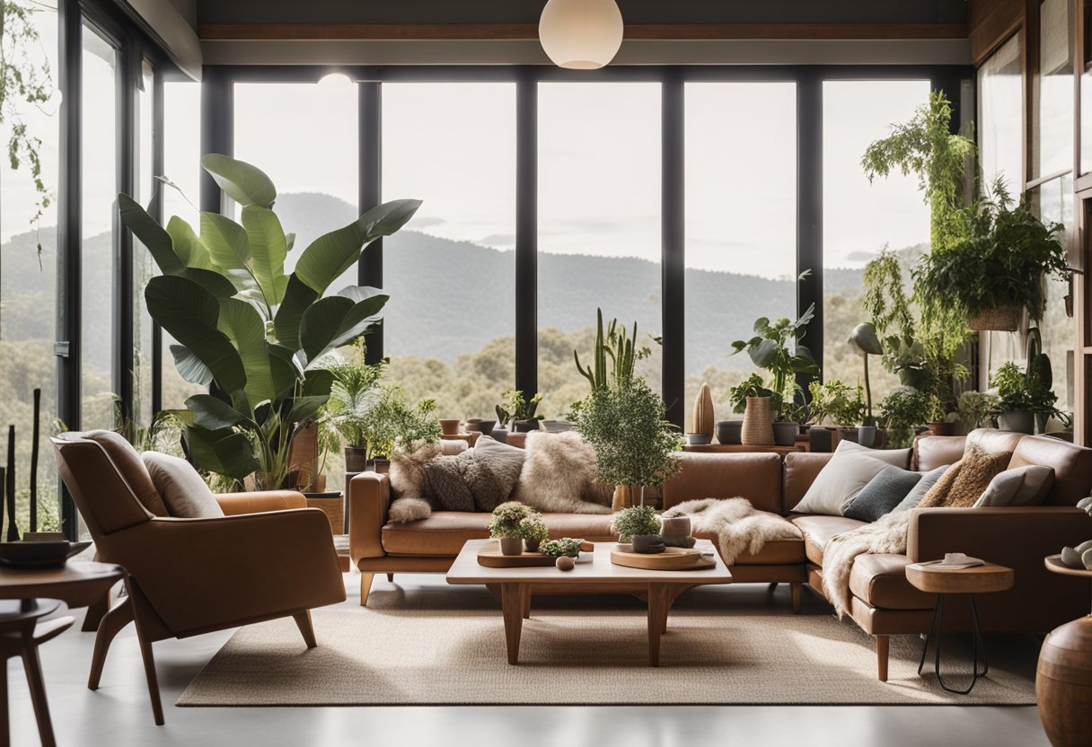 A cozy living room with earthy tones, natural materials, and a mix of modern and vintage furniture. A large window lets in plenty of natural light, and there are subtle nods to Australian flora and fauna in the decor