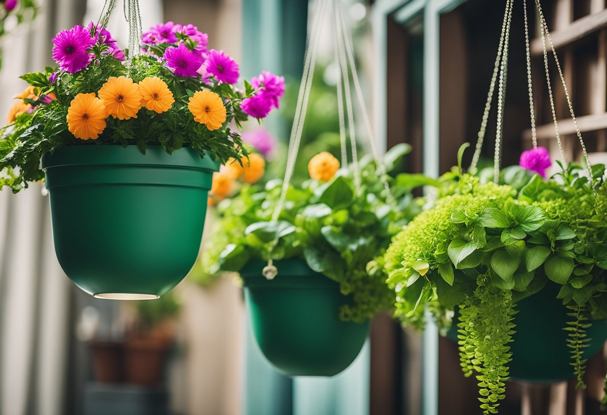 Lush green plants cascade from hanging pots, while vibrant flowers bloom in colorful planters, creating a lively and inviting interior design