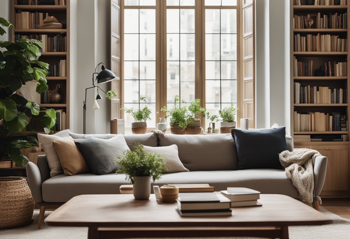 A cozy living room with a large, comfortable sofa, a coffee table, and a soft rug. A bookshelf filled with books and decorative items against the wall, and a large window letting in natural light