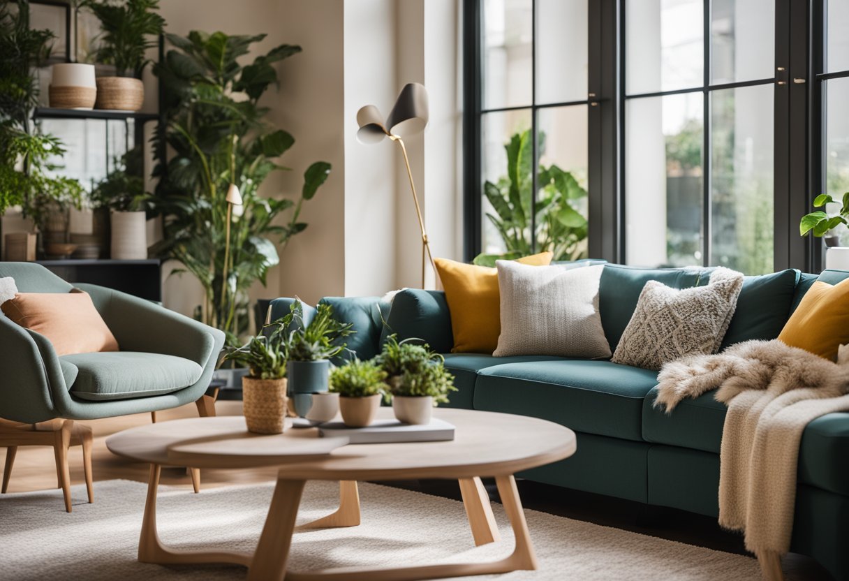 A cozy living room with modern furniture, warm lighting, and vibrant accent colors. A large window lets in natural light, while plants and artwork add personality to the space