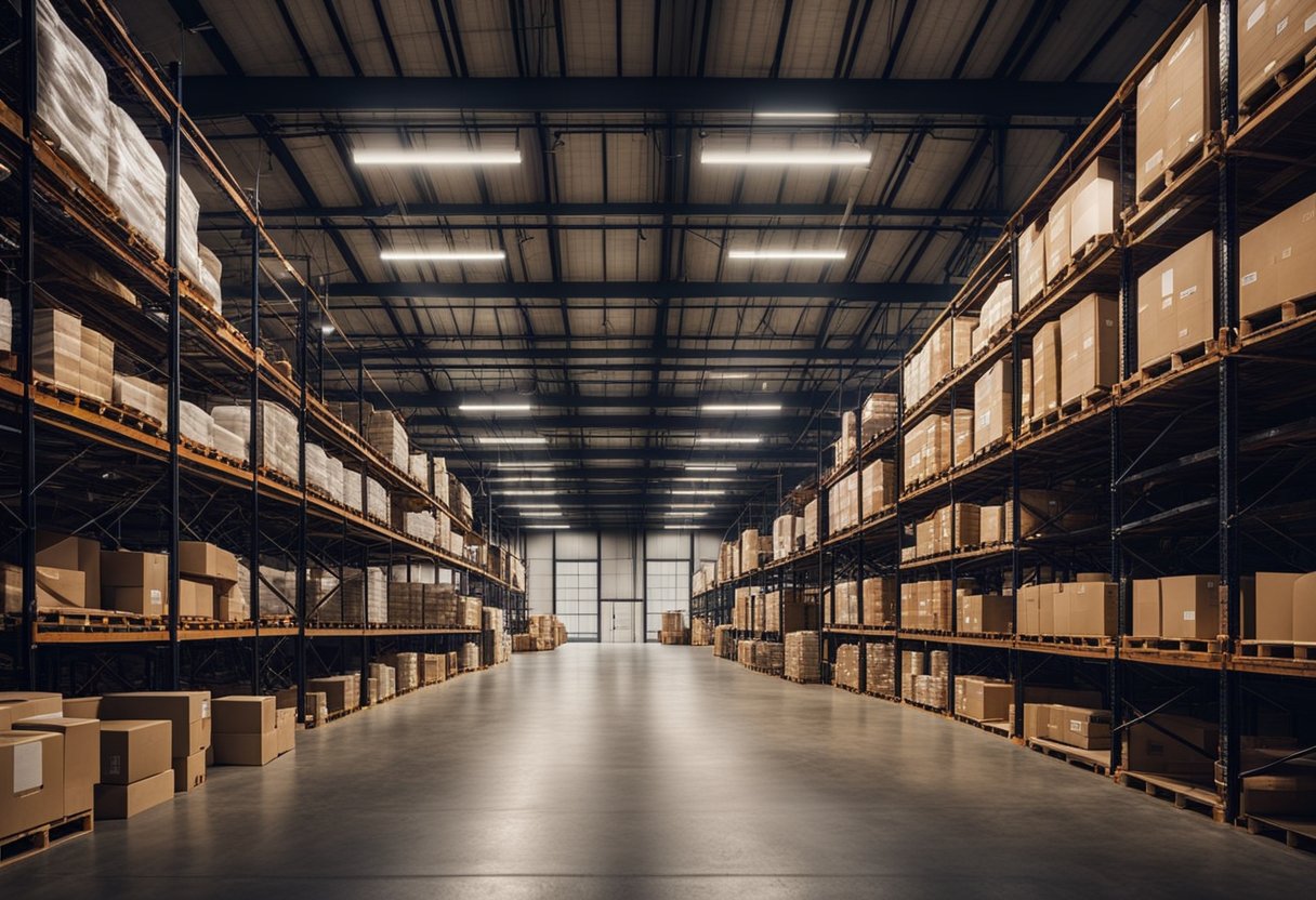 The warehouse interior features high ceilings, metal shelving, and large windows. Crates and pallets are scattered throughout the space, with industrial lighting casting a warm glow over the area
