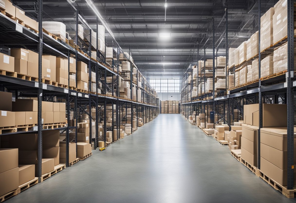 A well-organized warehouse with high shelves, clear aisleways, and efficient storage systems. Bright lighting and clean, neutral colors create a professional and functional space
