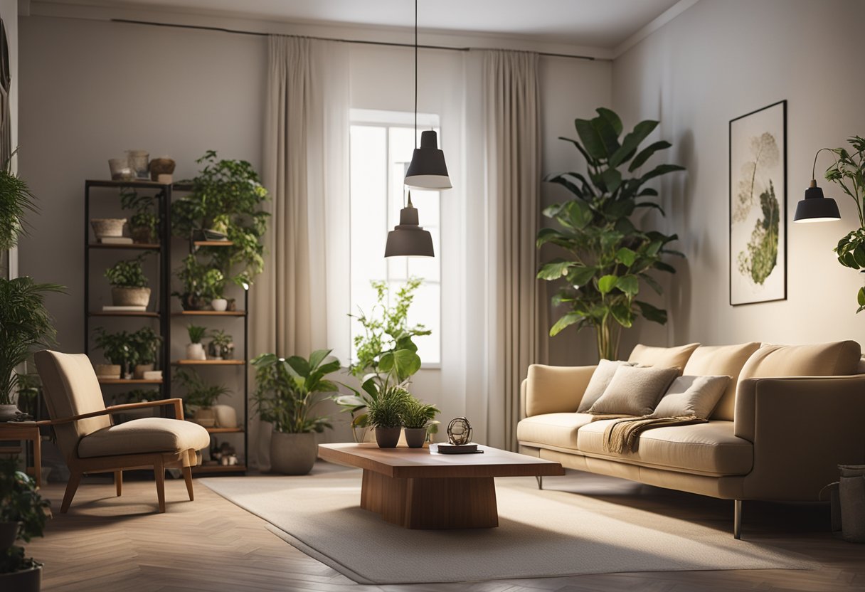A room with furniture, plants, and decor. Perspective shows depth and scale. Lighting highlights details and shadows