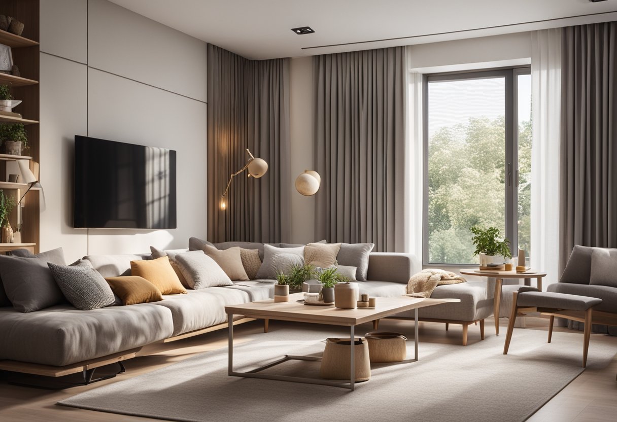 A cozy living room with a multi-functional sofa bed, foldable dining table, and wall-mounted shelves maximizing space. Bright natural light filters through sheer curtains, creating a warm and inviting atmosphere