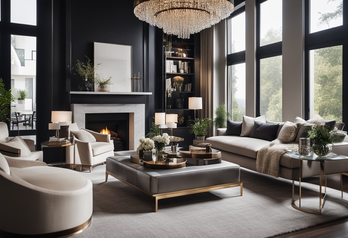A luxurious living room with modern furniture and elegant decor, featuring a statement chandelier and a cozy fireplace