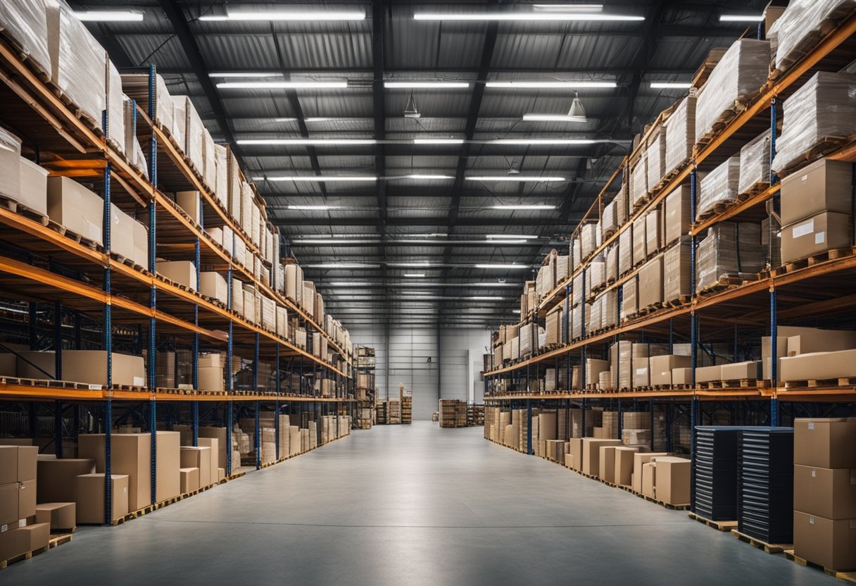 The warehouse interior features efficient shelving, organized workstations, and ample natural light