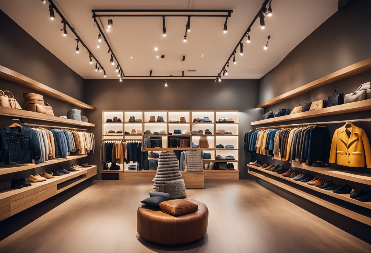 The clothing store interior features racks of colorful clothing, neatly arranged shelves of accessories, and a cozy seating area. Bright lighting and stylish decor create an inviting atmosphere