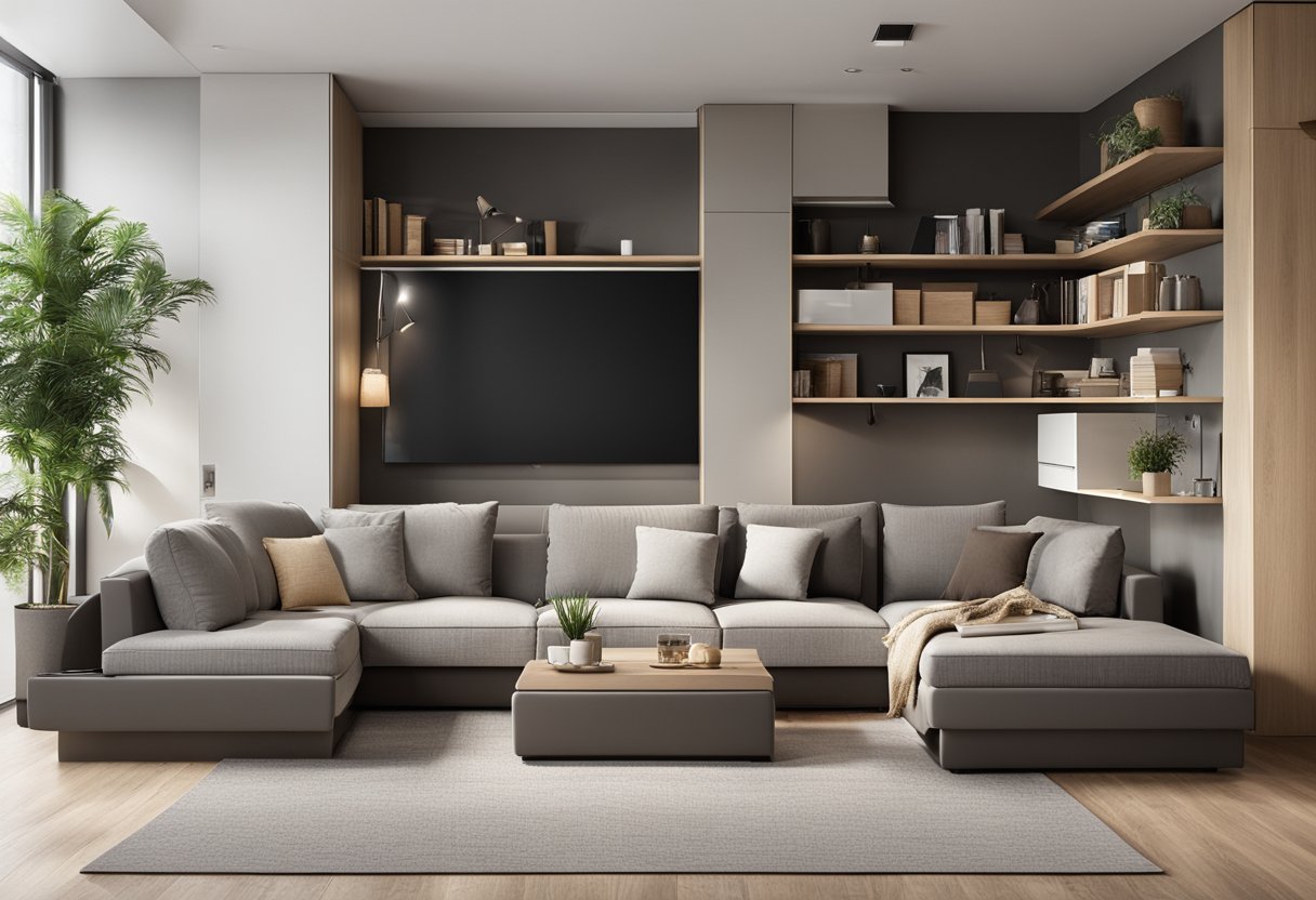 A small room with multipurpose furniture: a sofa that transforms into a bed, a coffee table with storage, and wall-mounted shelves