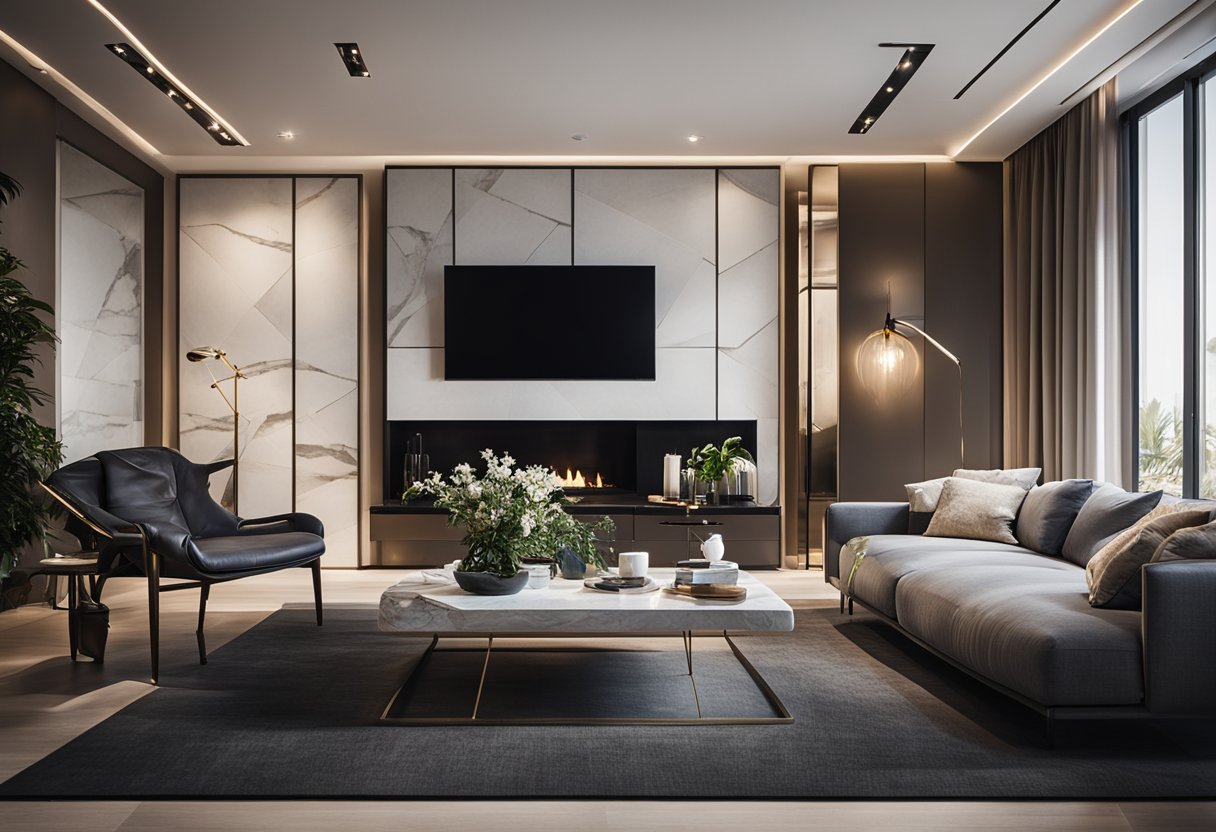 A sleek, modern living room with clean lines, luxurious materials, and strategic lighting