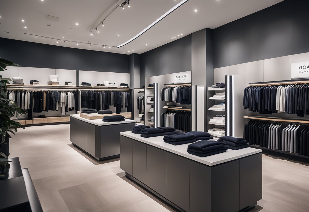 The clothing store interior features sleek, modern displays with bold branding elements. The color scheme is monochromatic, with pops of the brand's signature color. Lighting is strategic, highlighting key merchandise
