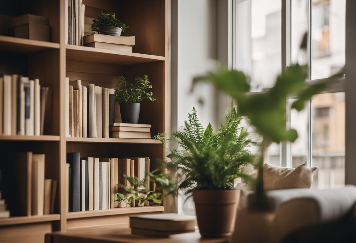 A cozy living room with a large window, comfortable furniture, and warm earthy tones. A bookshelf filled with plants and books adds a touch of nature to the space