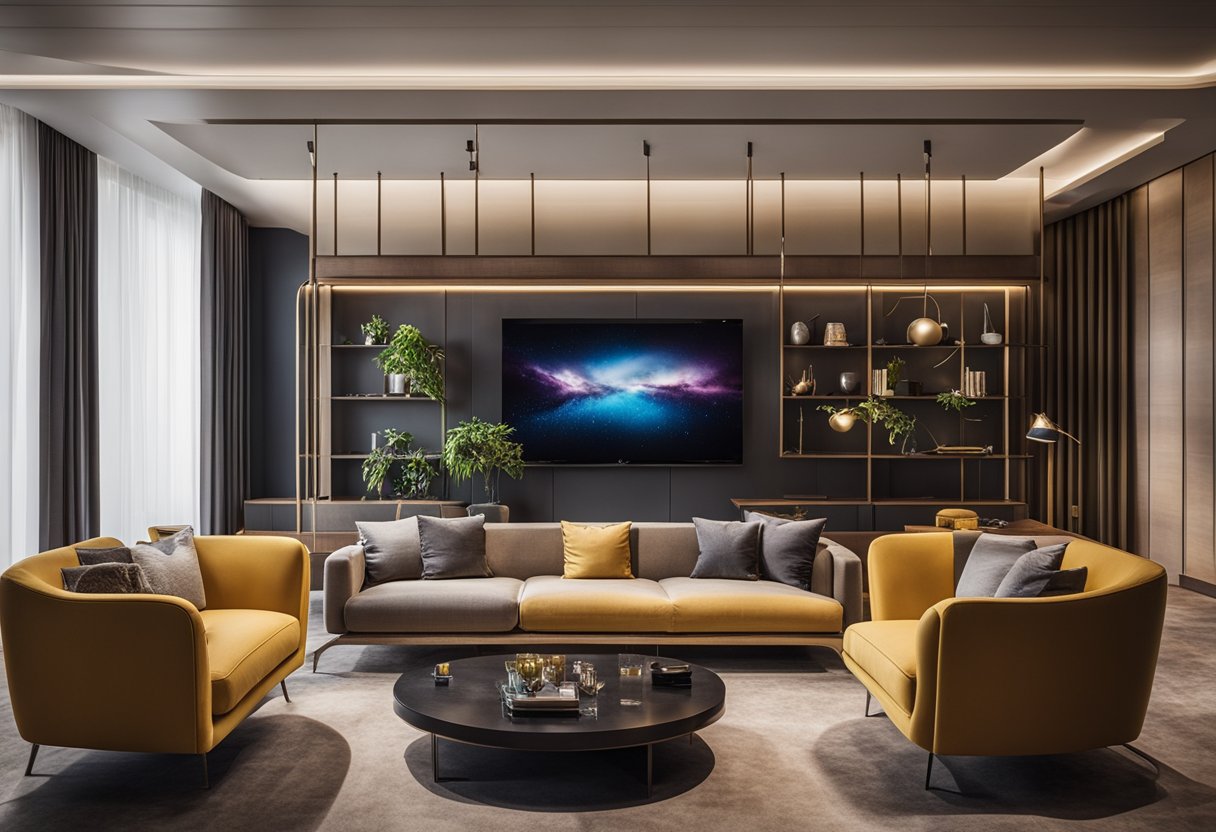 A stylish interior with modern furniture, vibrant colors, and sleek design elements. A large wall adorned with a display of frequently asked questions related to world interior design