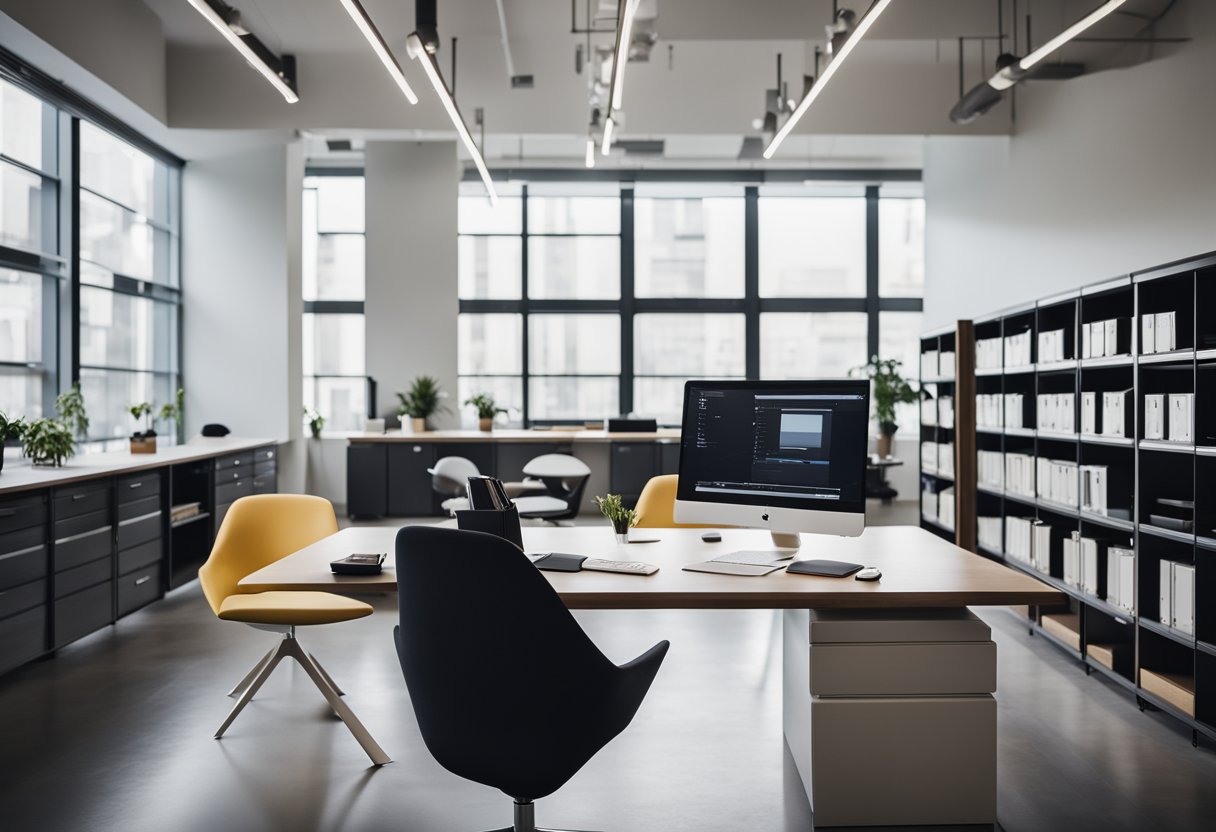 A modern, sleek office space with minimalist furniture and clean lines. A large desk sits in the center, surrounded by stylish chairs and shelves displaying design samples