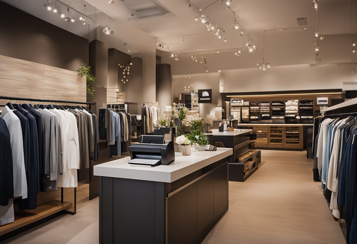 The clothing store interior features modern fixtures, organized racks, and bright lighting. A customer service desk is centrally located, with signage displaying "Frequently Asked Questions."