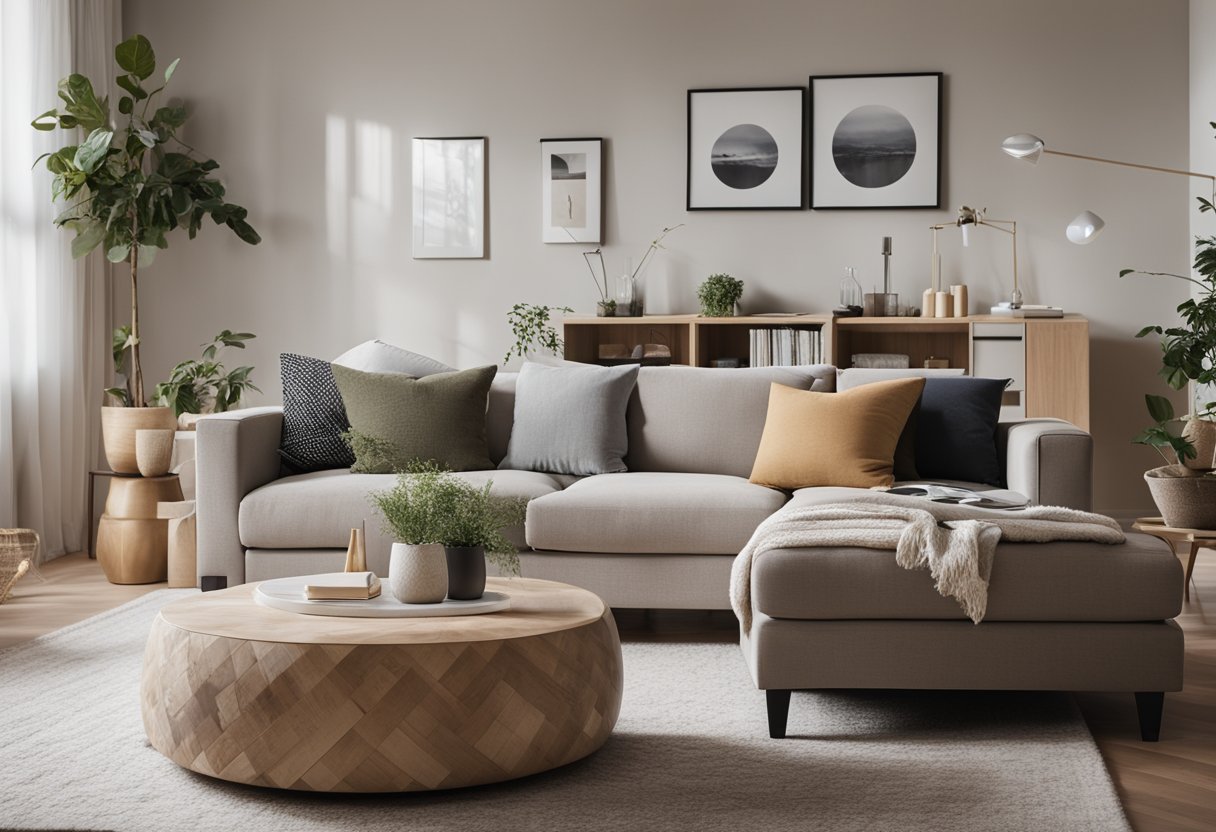 A cozy living room with multi-functional furniture, clever storage solutions, and a neutral color palette to maximize space in a small apartment